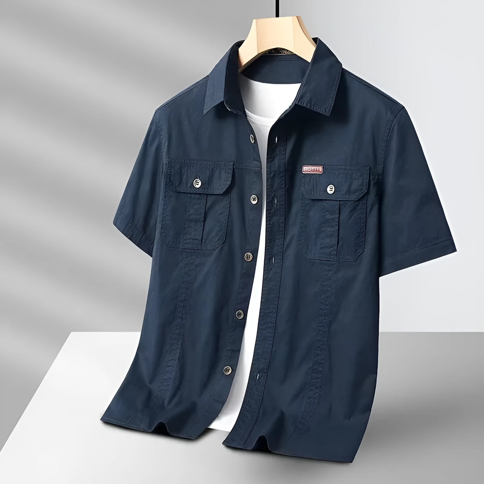 Solid colour short sleeve men's cotton blend work shirt, loose fit, available in dark blue