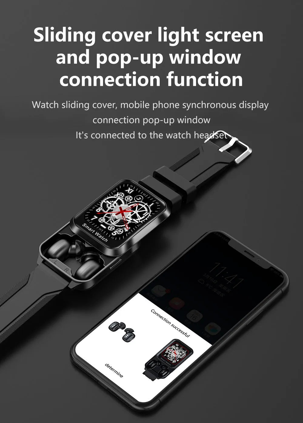 Black Bluetooth smart bracelet with a colour split screen display on a silicone wrist strap.