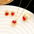 Gold red titanium steel jewellery set with hearts and flowers pendant, necklace, earrings, and ring