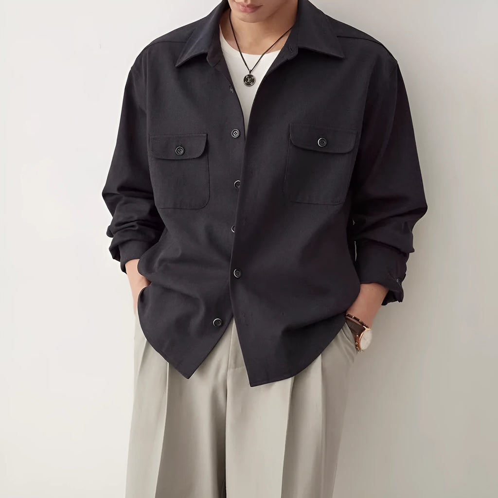 Men's long sleeve shirt with cotton fabric lapel in light sand rice colour