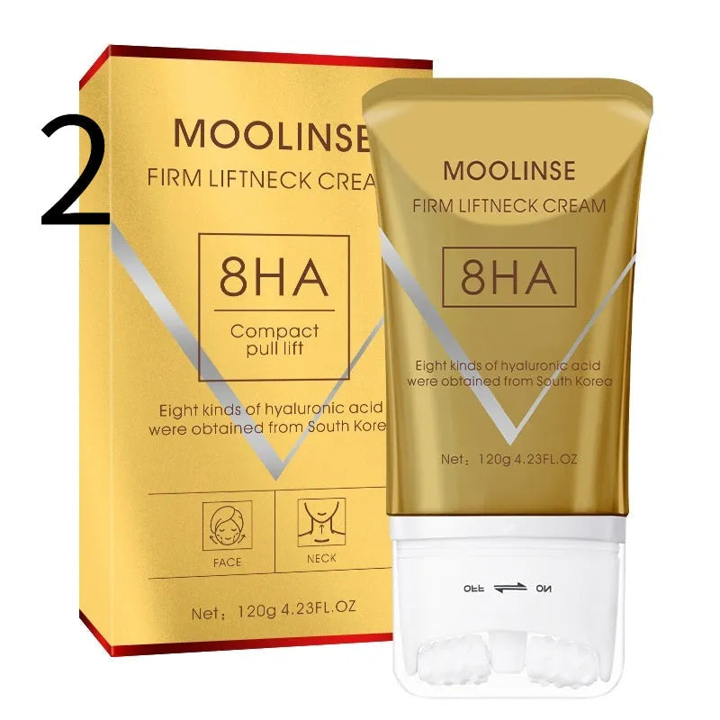 Neck moisturising cream with roller applicator for dry skin in medium sample packaging