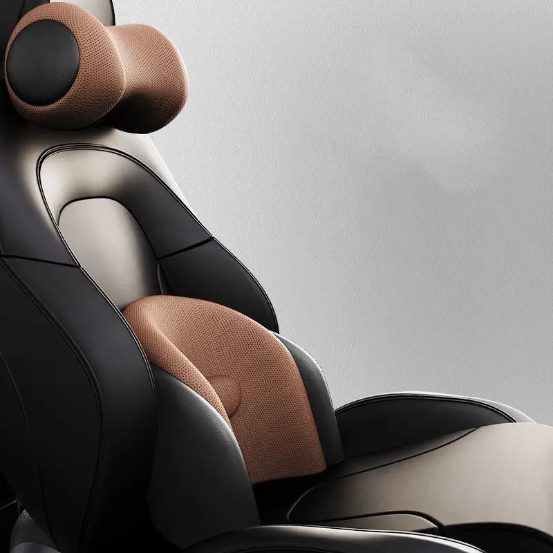 Electric car seat massage cushion in memory cotton, shown as headrest and lumbar support