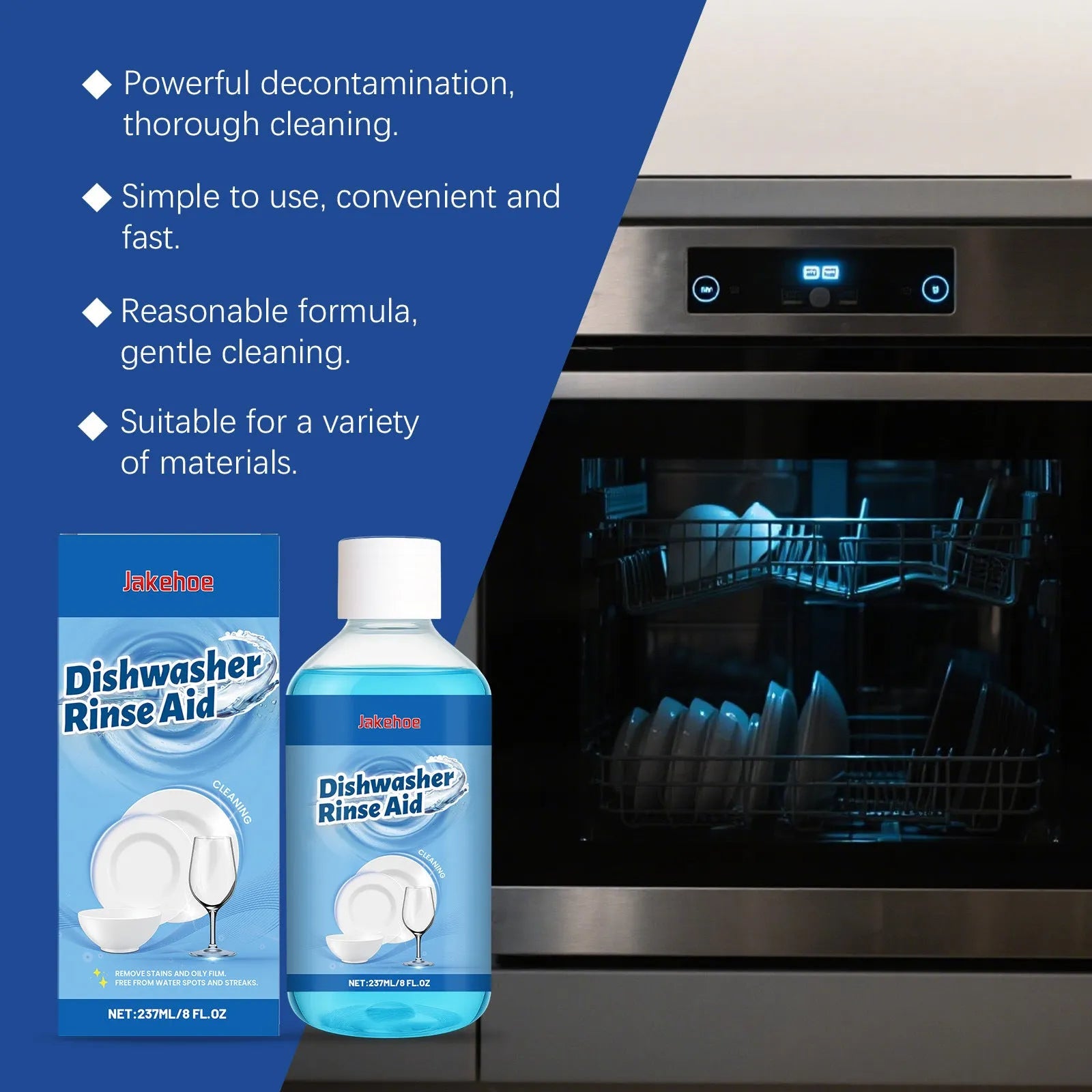Bottle of 237mL dishwasher detergent aid liquid cleaner for removing oil and stains.