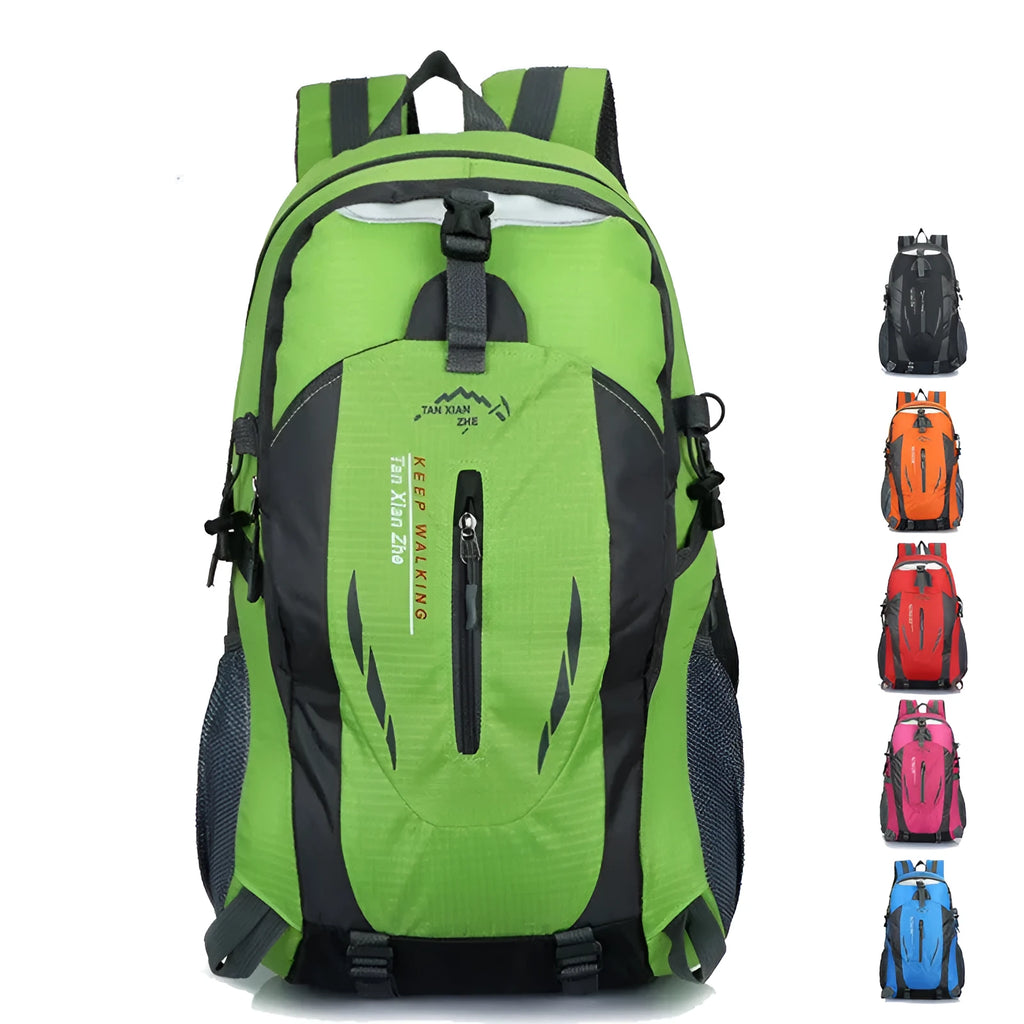 Large black Oxford cloth outdoor travel backpack showing laptop compartment and double shoulder straps.