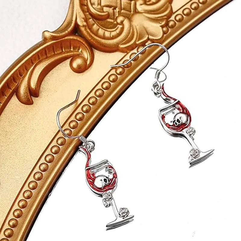 Halloween skull wine glass geometric stud earrings in silver-tone electroplated zinc alloy