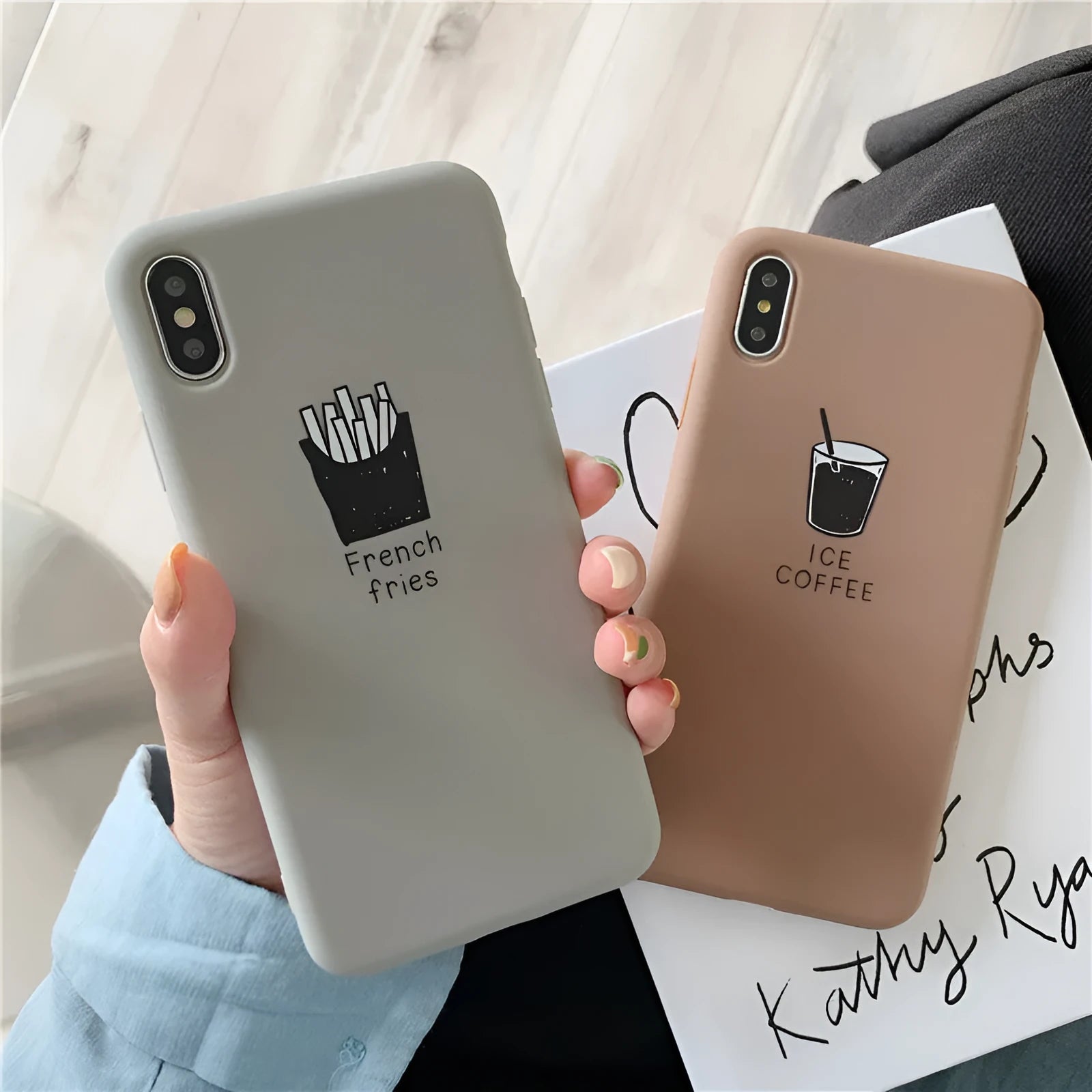 Soft matte silicone phone case for iPhone with ice coffee and french fries couple patterns
