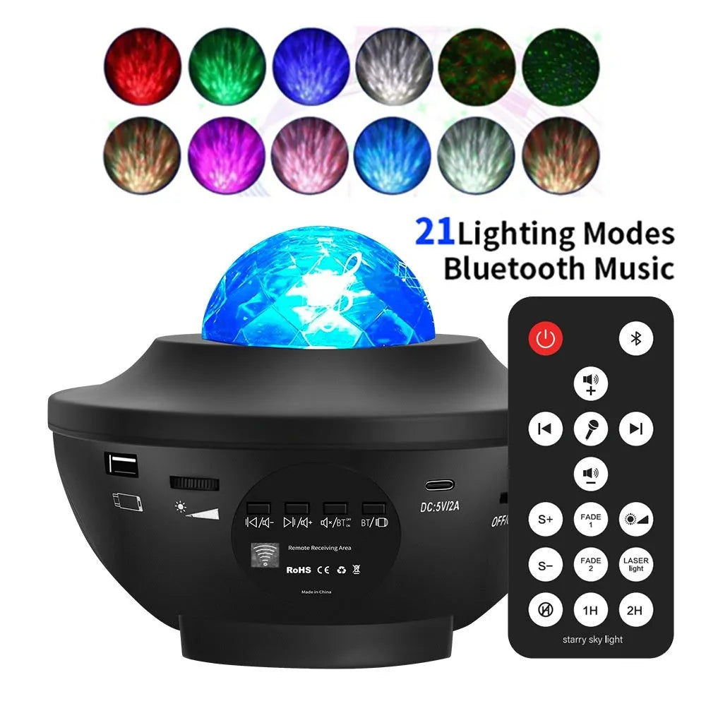 Black parallel style starry sky projection lamp with water ripple laser effects on desktop