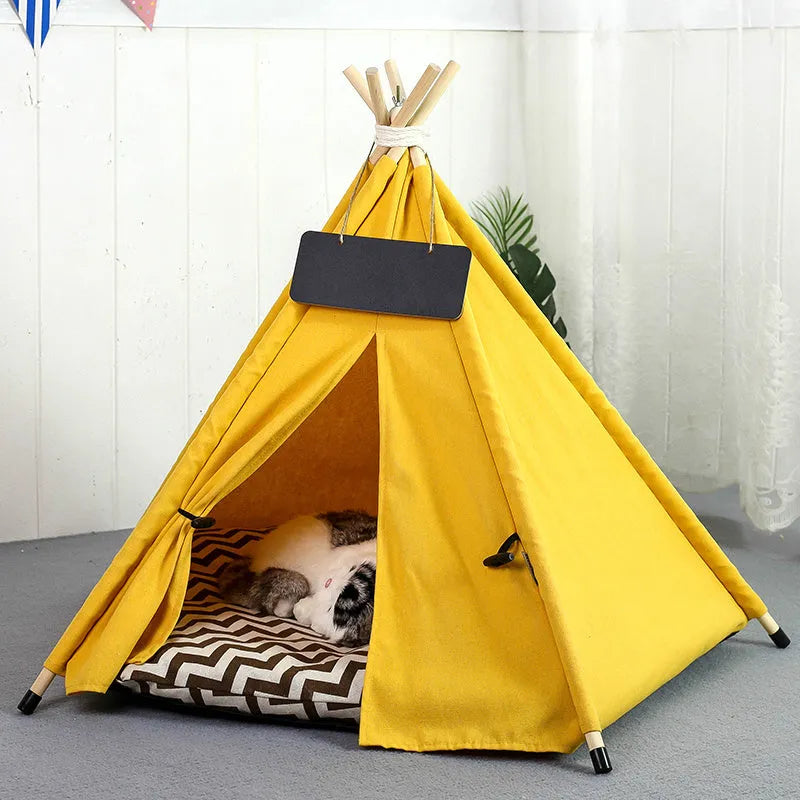 Striped flax and linen pet teepee tent with a cushion inside, for small dogs or cats.