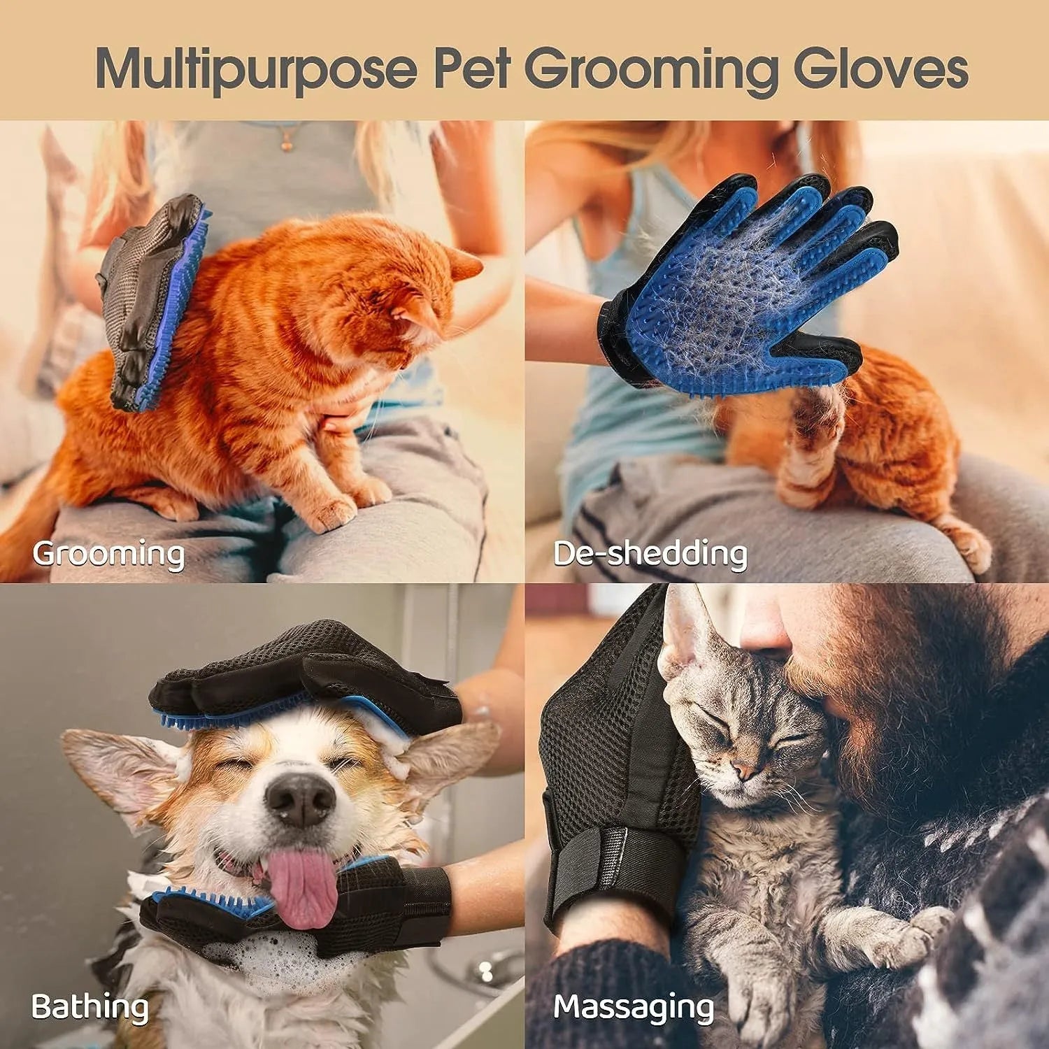 Blue pet grooming gloves with silicone tips for gentle hair removal during brushing and washing