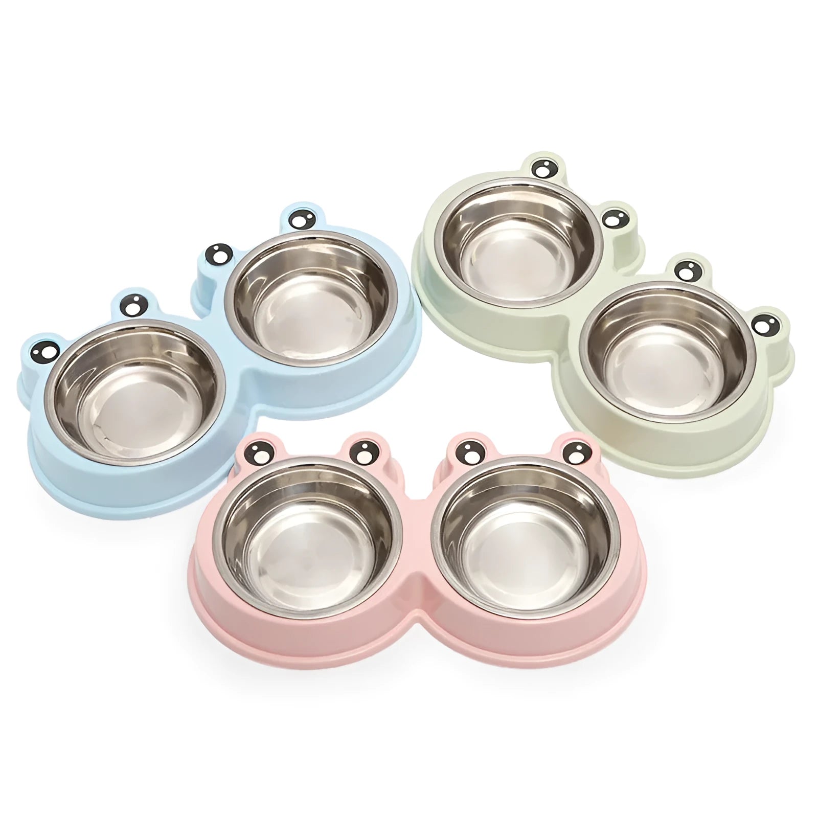 Stainless steel pet bowl with double compartments and frog pattern design for dogs and cats