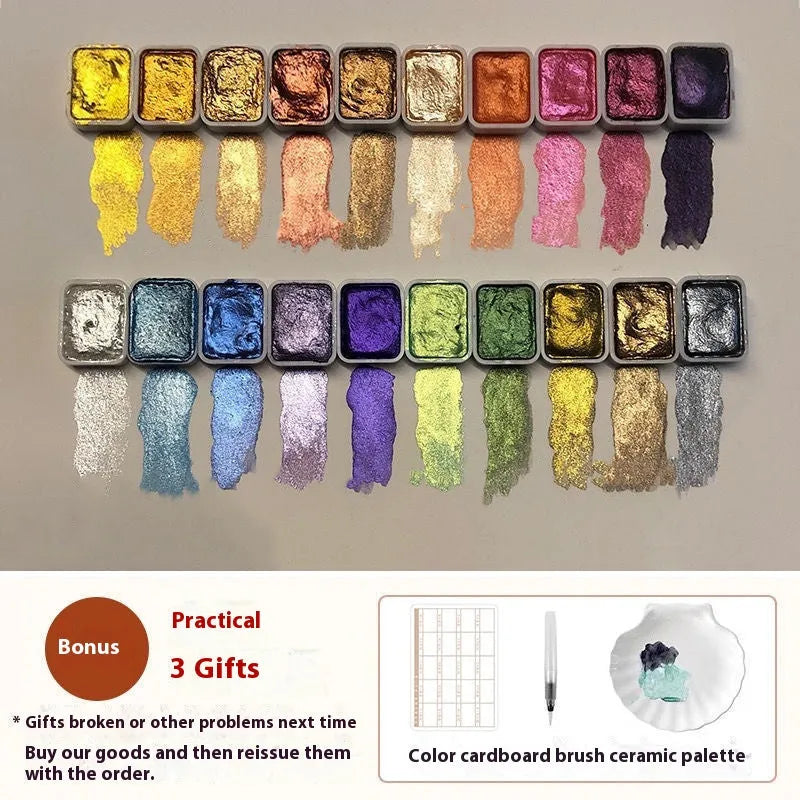 Traditional Chinese painting watercolour set showing tubes of red, white gold, and pearlescent colours.