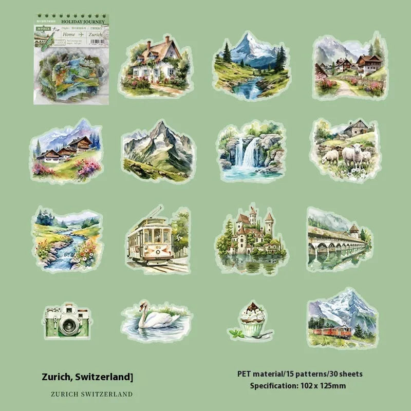 Architecture journal stickers with retro style world landmark designs including Paris Arc de Triomphe and London Big Ben