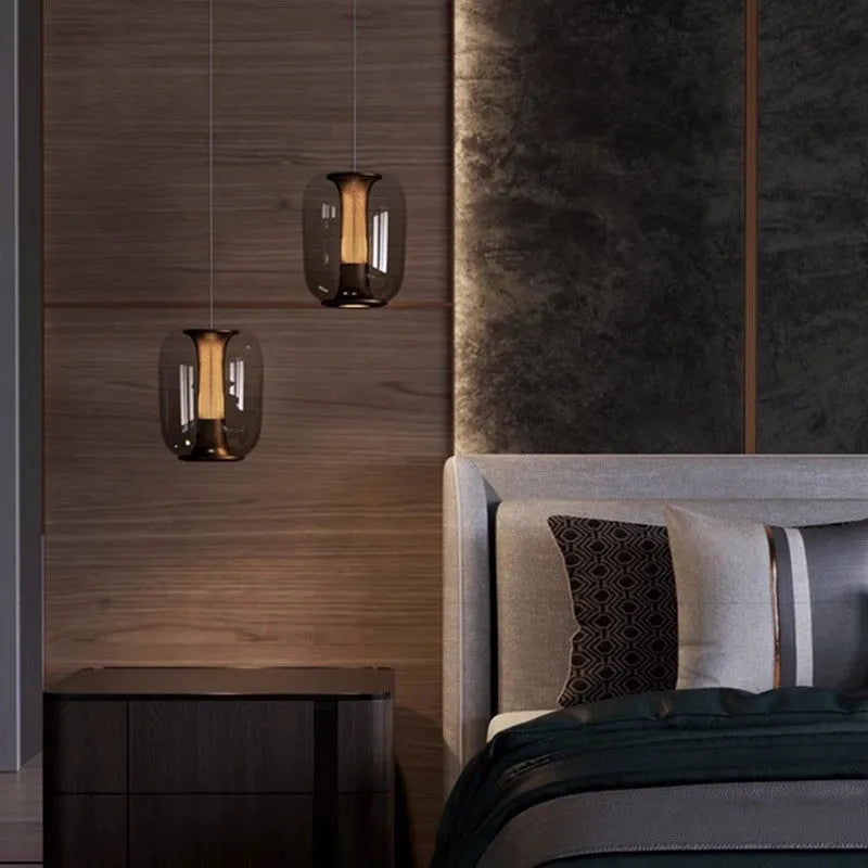 Nordic minimalist chandelier with glass shade in clear, cognac, or smoky grey colour