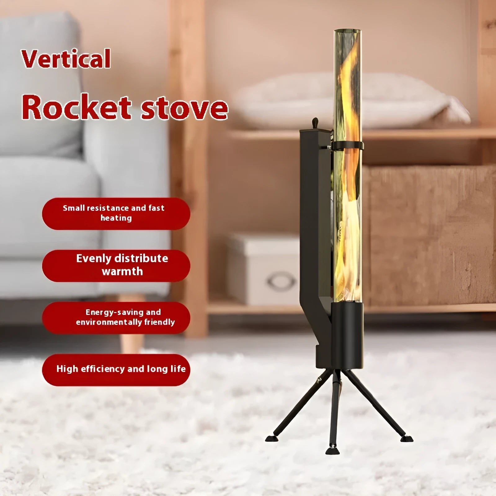 Vertical iron wood burning rocket furnace heating stove for outdoor courtyard and garden use