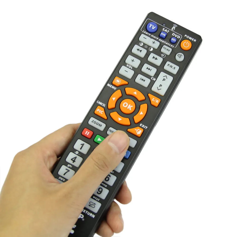 Black L336 universal learning remote control showing button layout and infrared transmitter