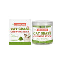 Cat grass chewing stick with chicken flavour, barley seed powder and vitamins, pack of 5 pieces on a white background