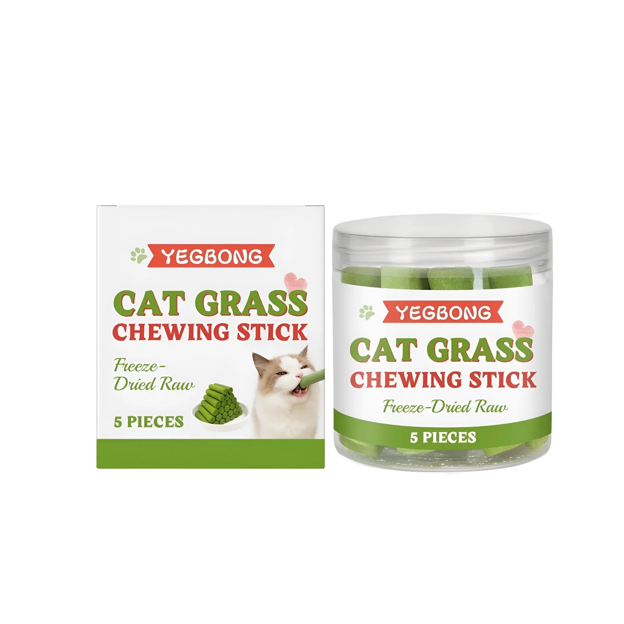 Cat grass chewing stick with chicken flavour, barley seed powder and vitamins, pack of 5 pieces on a white background