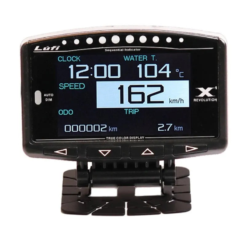 X1 Automotive OBD diagnostic instrument with LED display and metal casing.