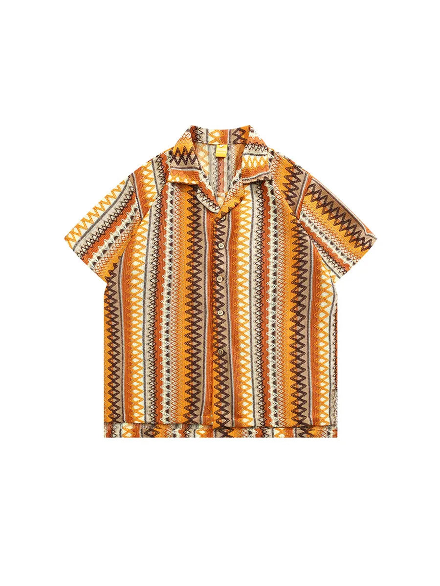 Ethnic style woven Cuban collar shirt in contrast colours with short sleeves and loose fit.