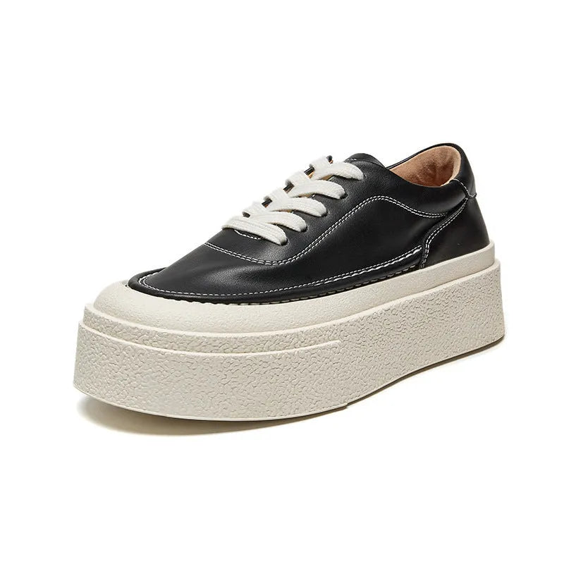 Women's black platform casual shoes with embossed cowhide leather upper and rubber sole