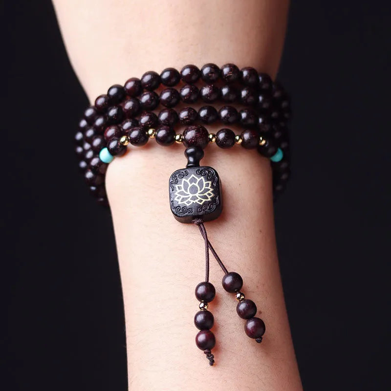 Zambia rosewood Buddha beads DIY bracelet with flat lotus pendant and 108 wooden beads