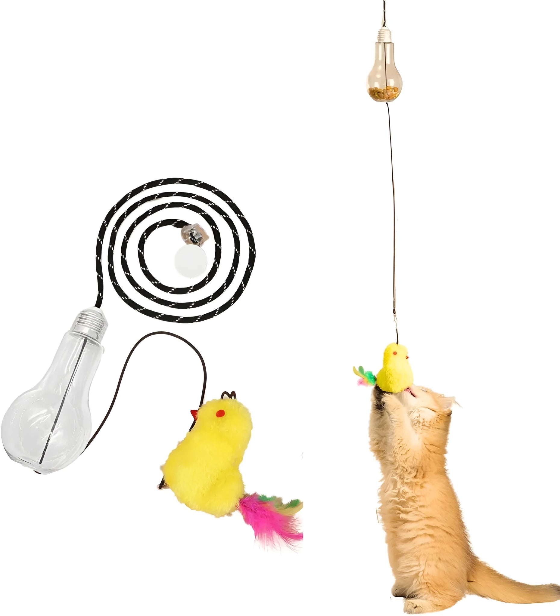 Grey and yellow hanging interactive cat toy mounted on door frame with elastic rope and treat bulb