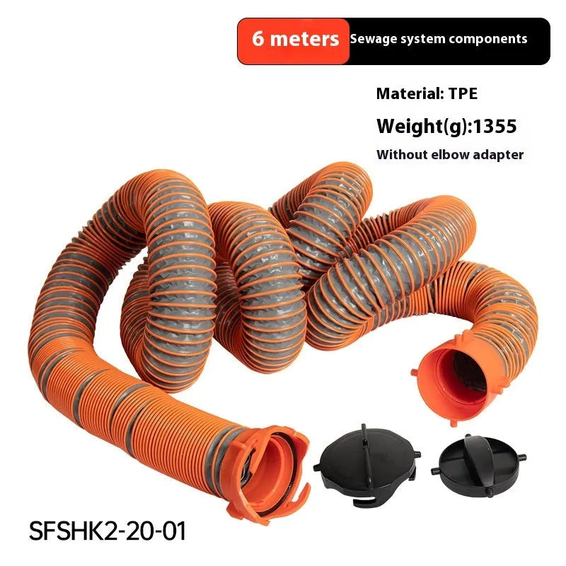 90 degree sewage hose with rotary elbow joint in PP or TPE material showing connector options