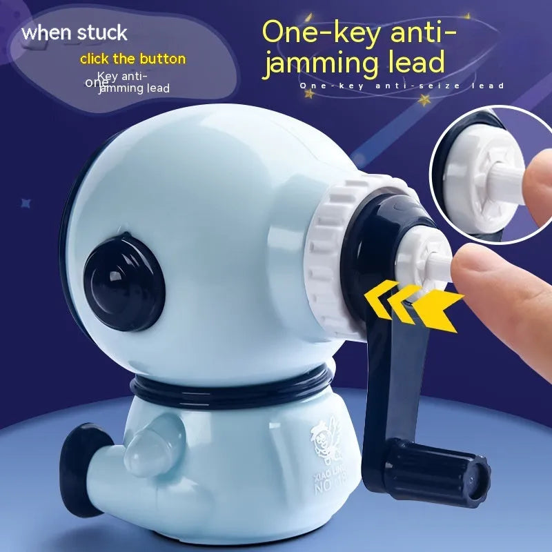 Children's cartoon astronaut manual pencil sharpener in blue or pink with anti-jam mechanism