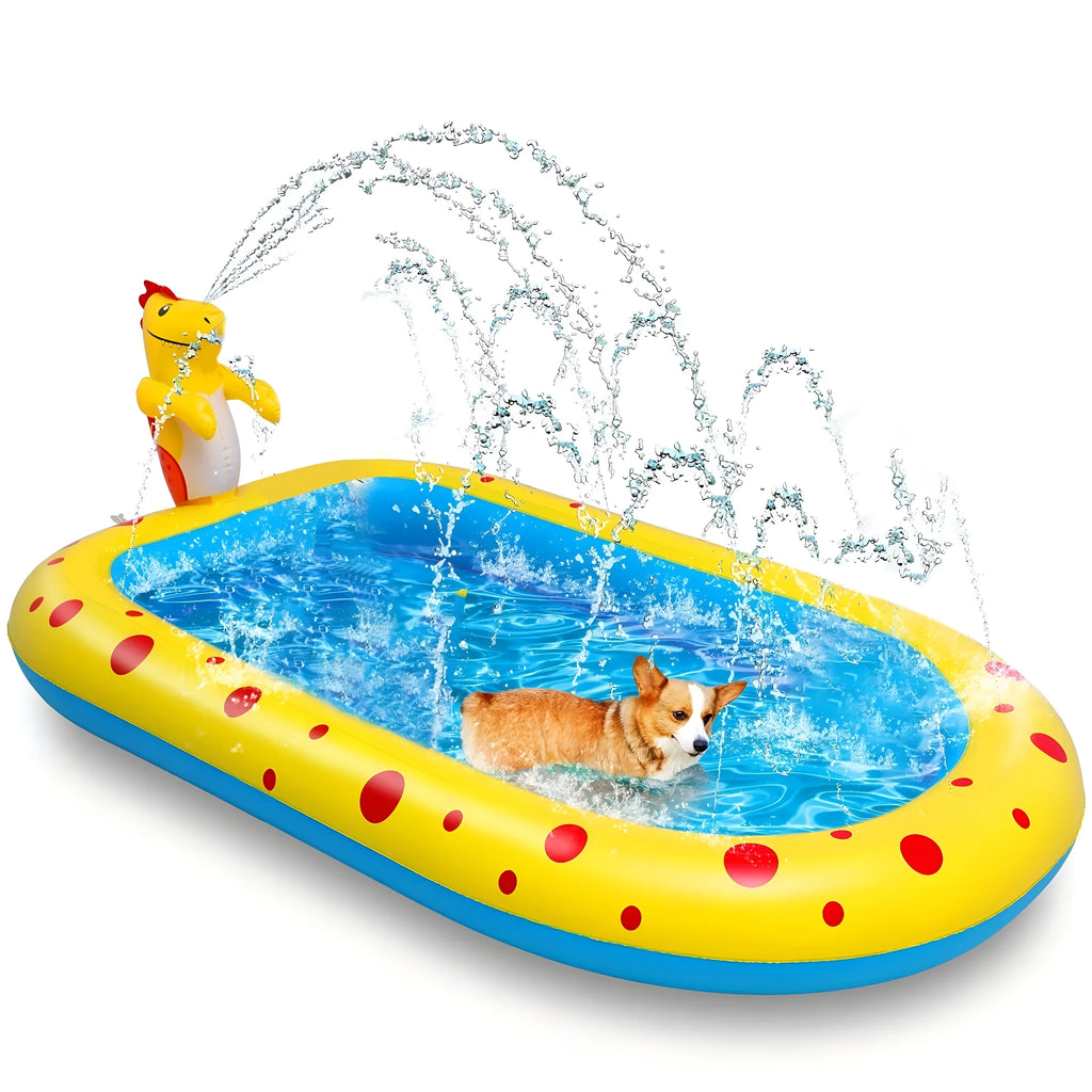 Blue inflatable dinosaur-shaped pool with water spray feature, shown in a garden setting.