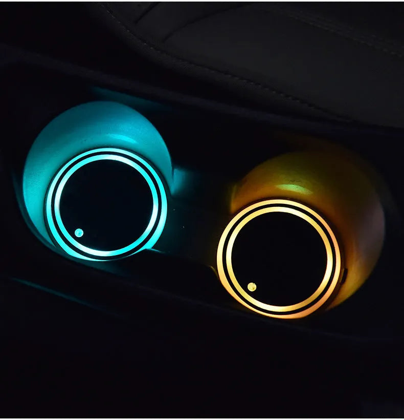 Car cup holder LED light-up coaster showing 7 colour options with USB charging cable