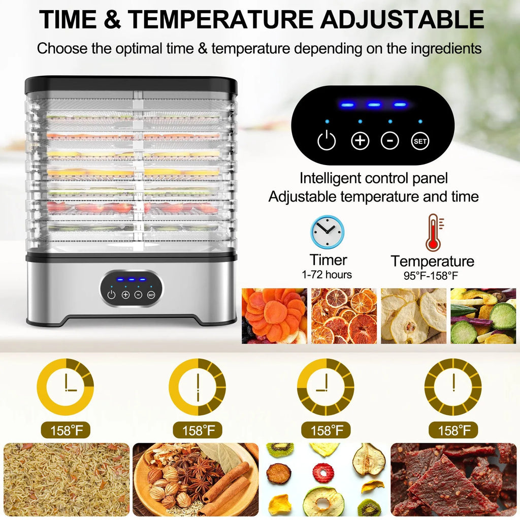 Silver household food dehydrator with 8 drying trays showing expanded and collapsed height positions