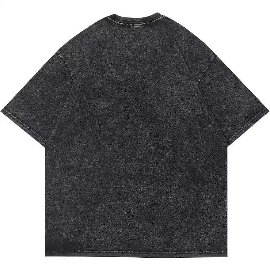 Men's washed black cotton t-shirt with cartoon pattern print in loose street style