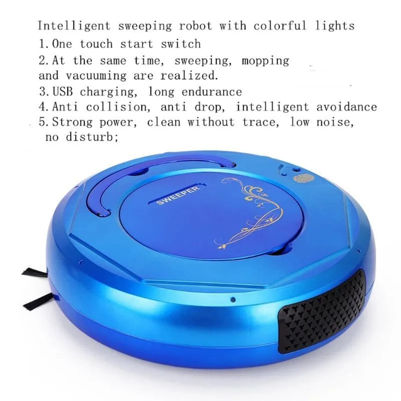 Lazy Smart robot vacuum cleaner in blue, black, or white on a hard floor