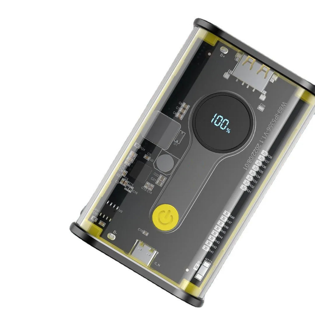 Transparent industrial power bank showing internal aluminum case and battery cells
