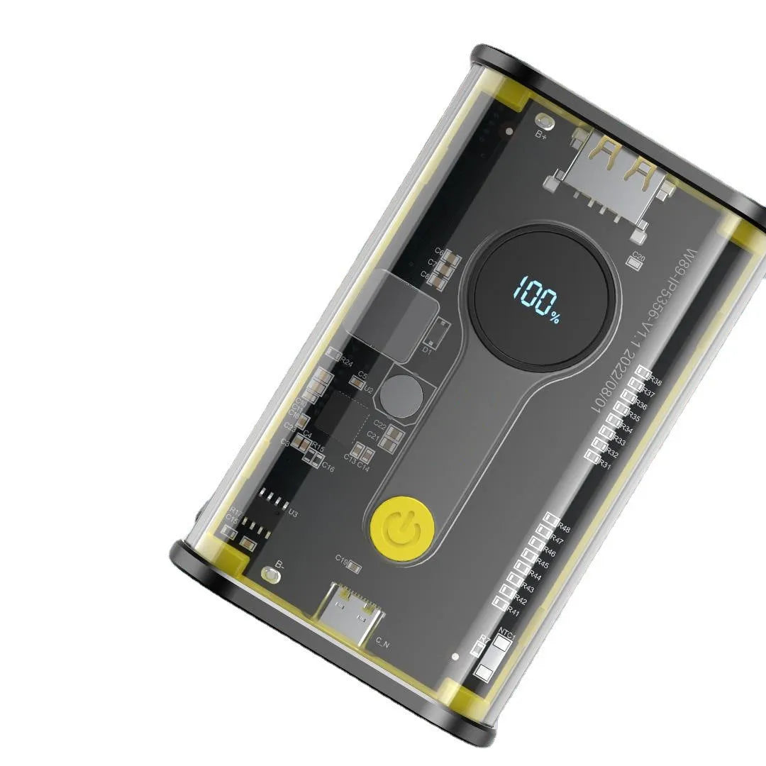 Transparent industrial power bank showing internal aluminum case and battery cells