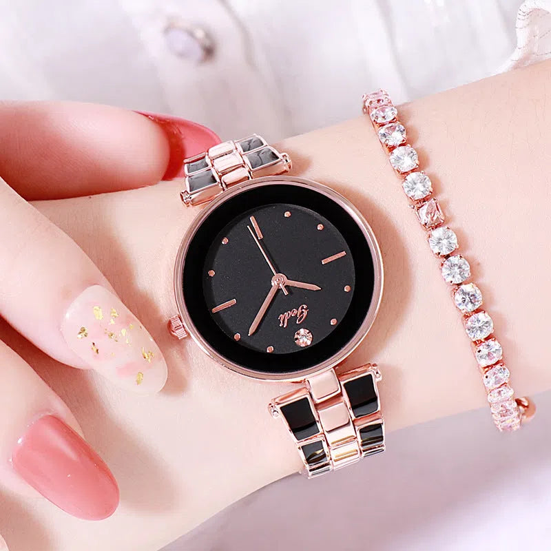 Ladies quartz watch with white dial, rose gold tone, 30mm round alloy case, and steel strap