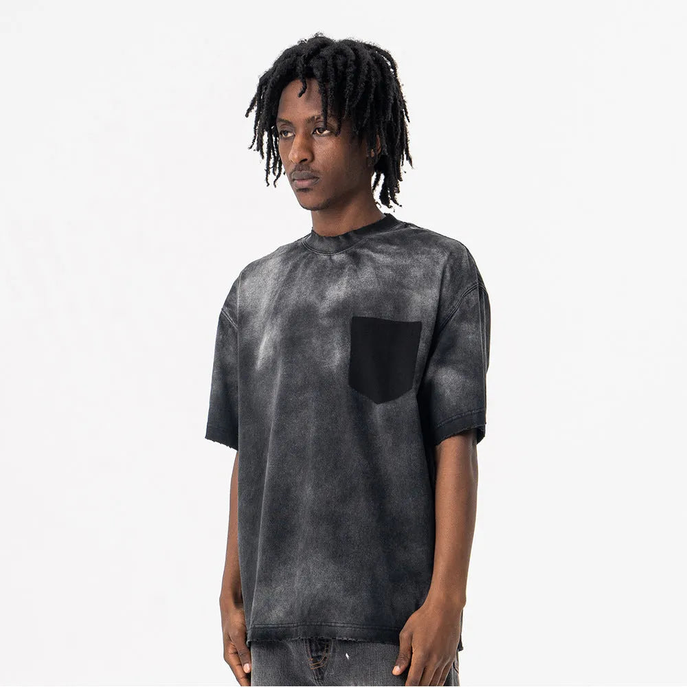 Black men's loose-fit cotton t-shirt with white letter printing on the chest.