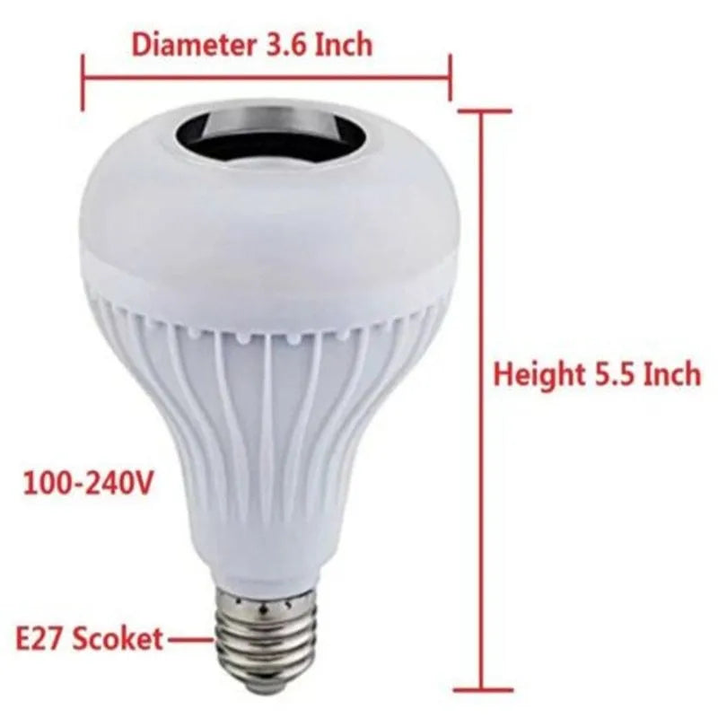 White Bluetooth speaker LED light bulb with E27 screw base and remote control.