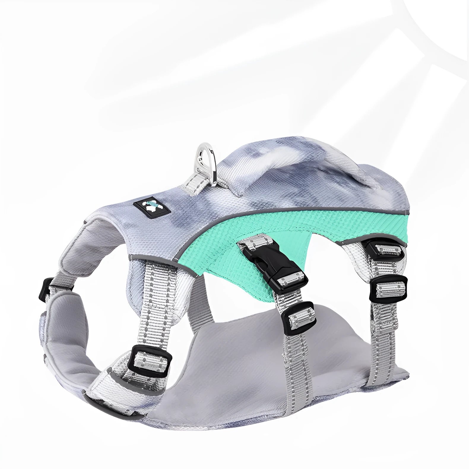 Reflective dog chest strap with cooling feature in light blue, shown on a dog.