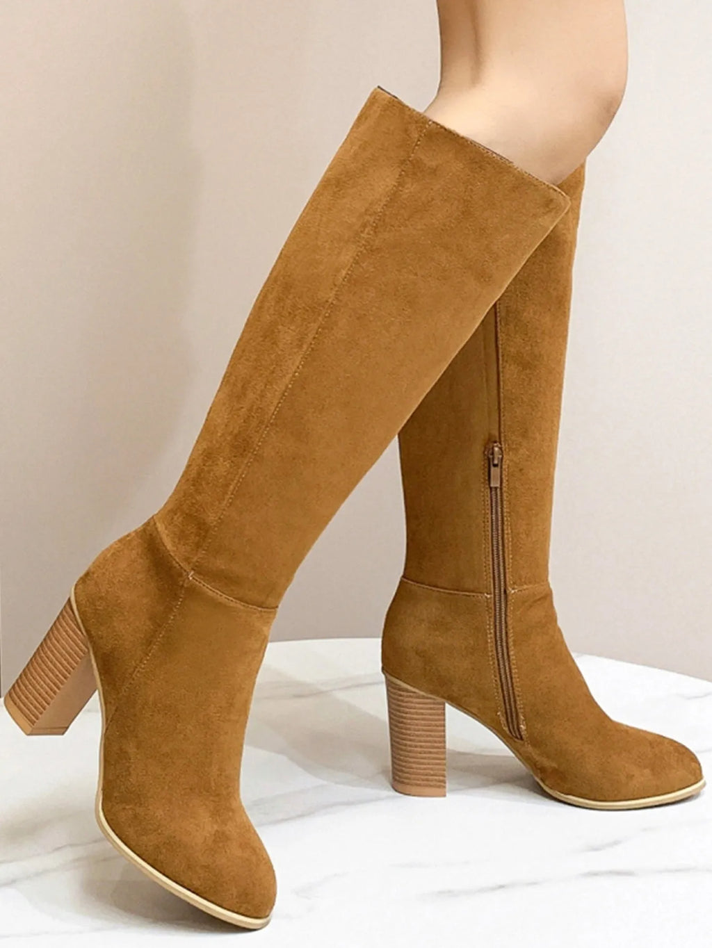 Women's square toe high heel fashion boots in black and dark brown colours with artificial PU upper