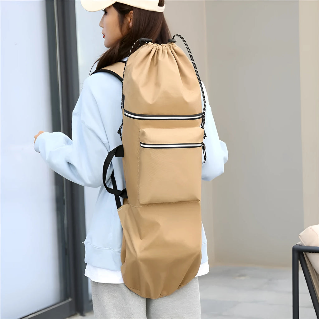 Waterproof nylon skateboard backpack in camouflage colour with 20-35 litre capacity for outdoor sports.