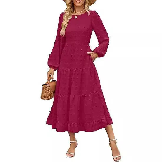 Women's beige long sleeve casual dress with ruffled sleeves and a high waist.
