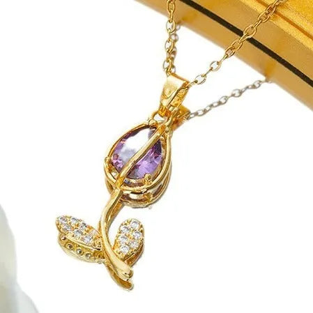 Women's zircon tulip necklace with gold finish and adjustable chain in five colour options
