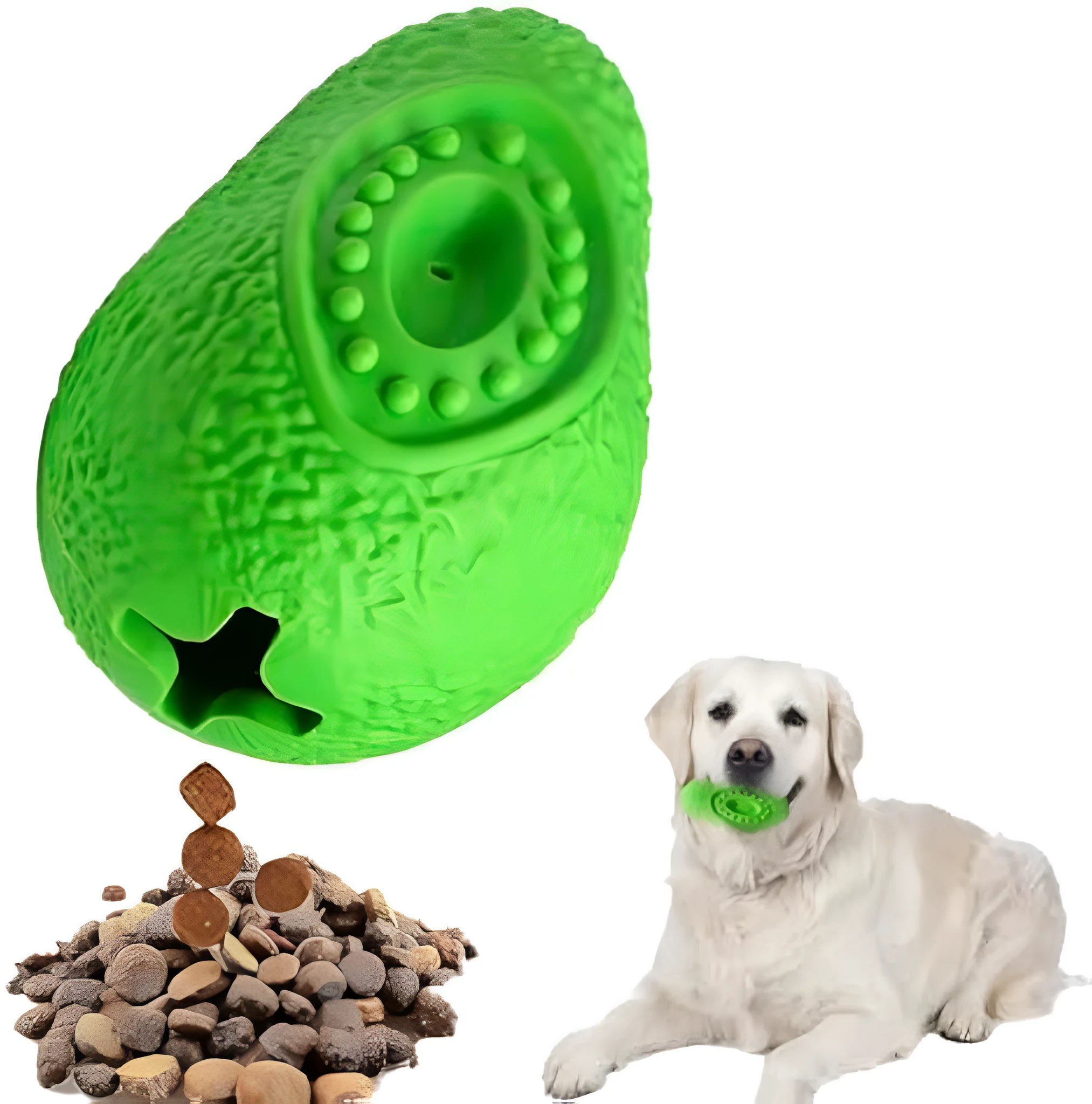 Green avocado-shaped rubber dog chew toy for aggressive chewers on white background