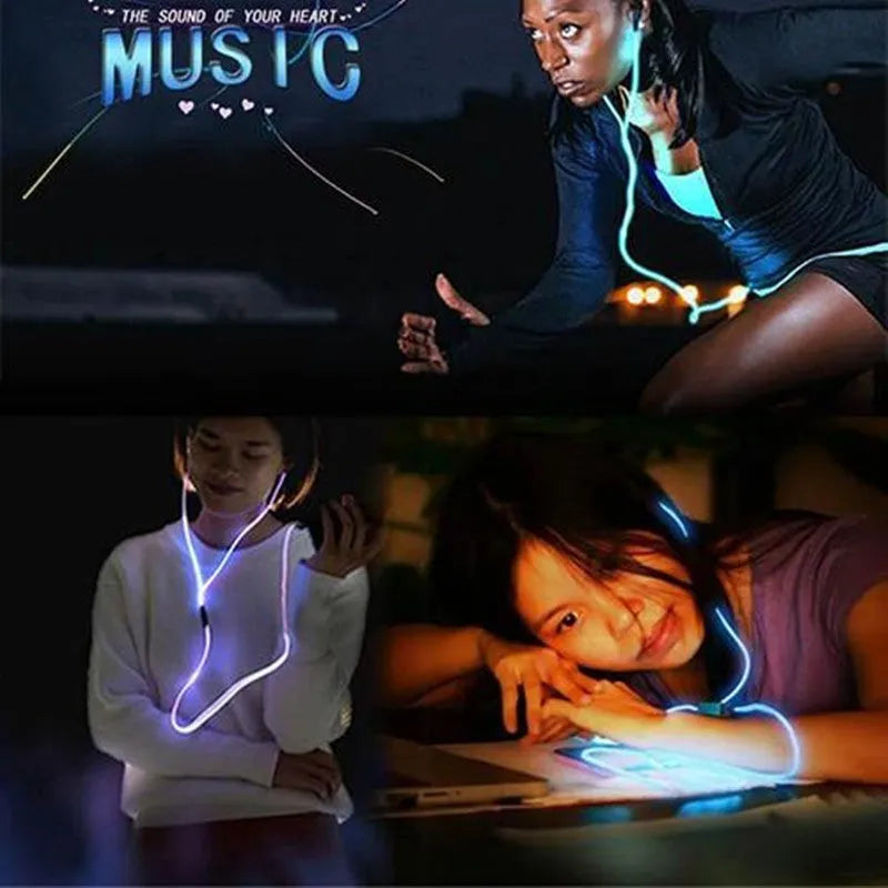 Blue LED light-up earphones with 3.5mm jack and in-line remote control on a white background.