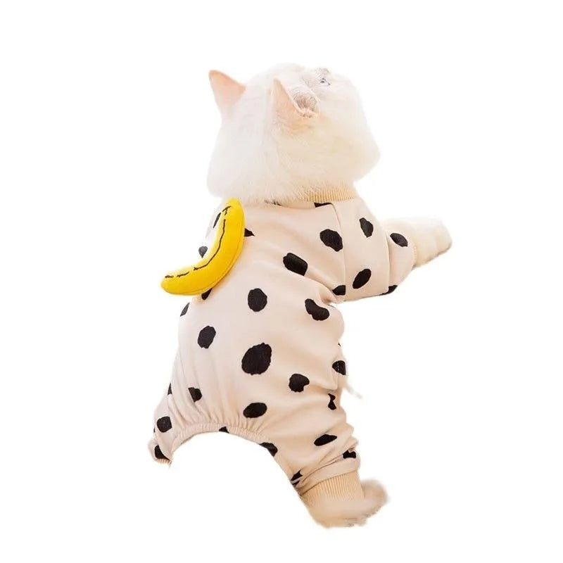 Anti-lint pet clothing in Dralon, white polka dot banana design, side view on a light background