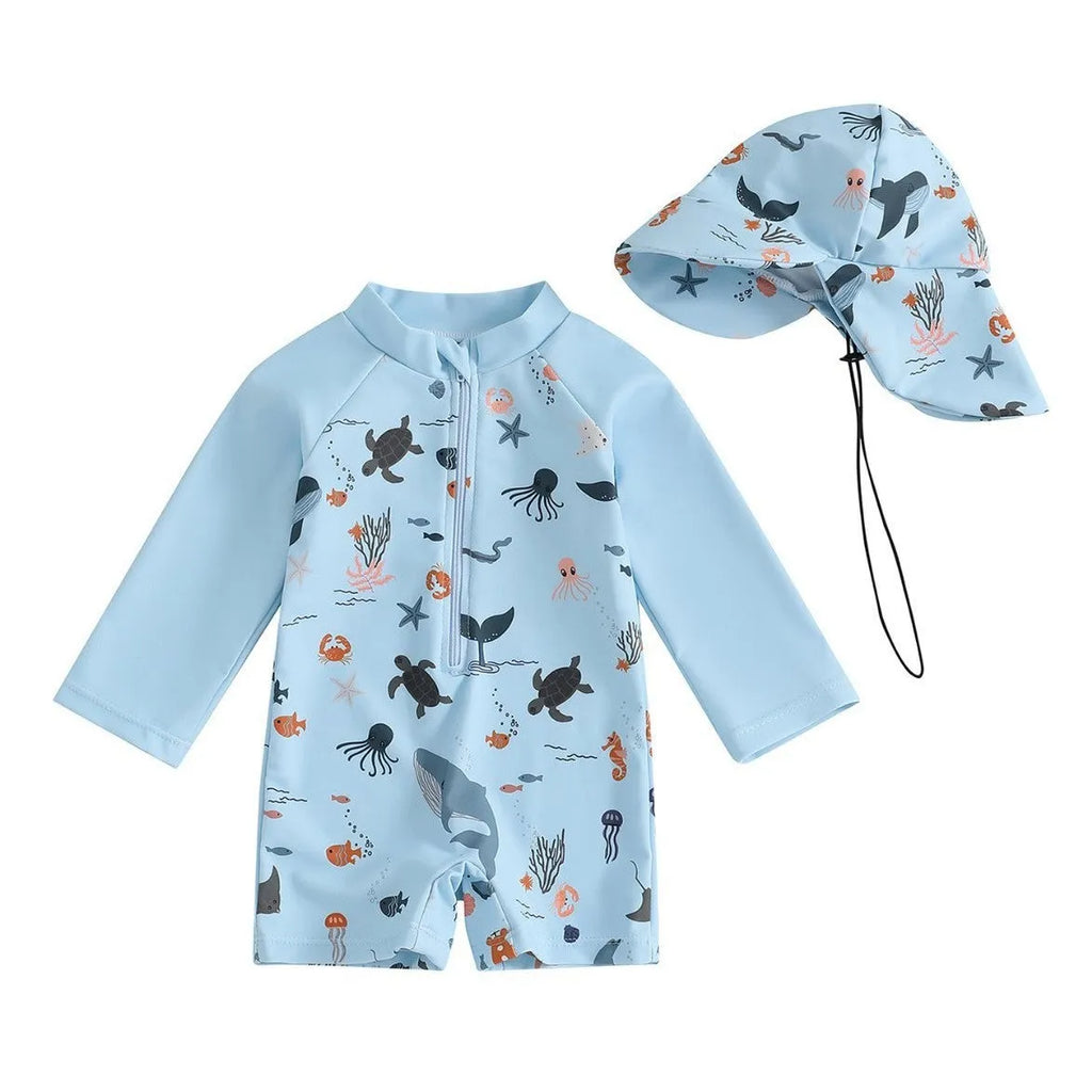 Boys one-piece long sleeve polyester swimsuit with hat in light blue cartoon pattern