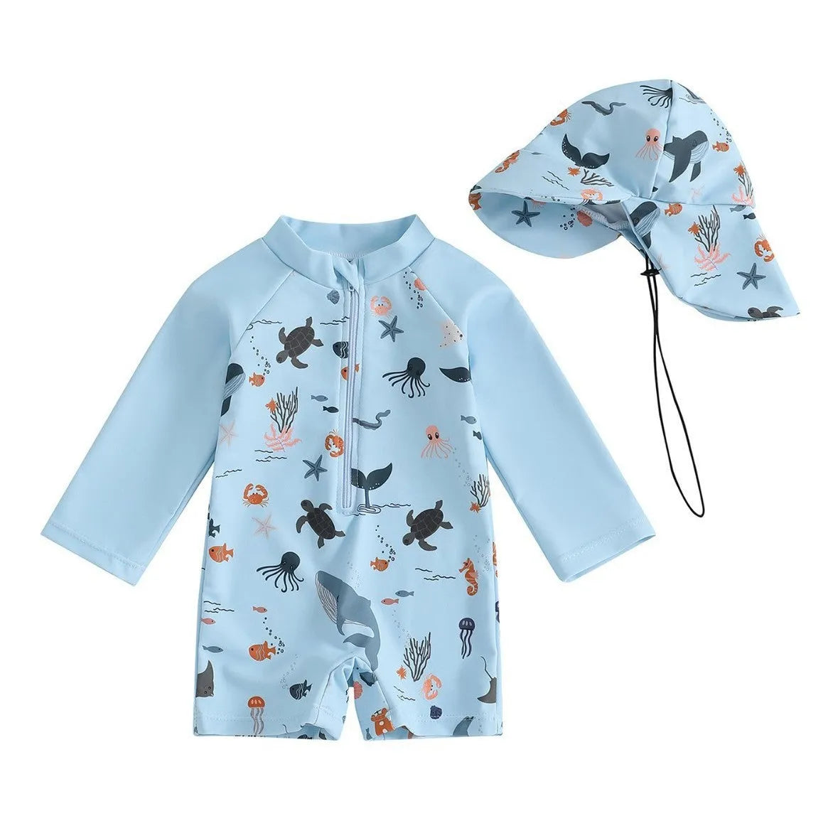 Boys one-piece long sleeve polyester swimsuit with hat in light blue cartoon pattern