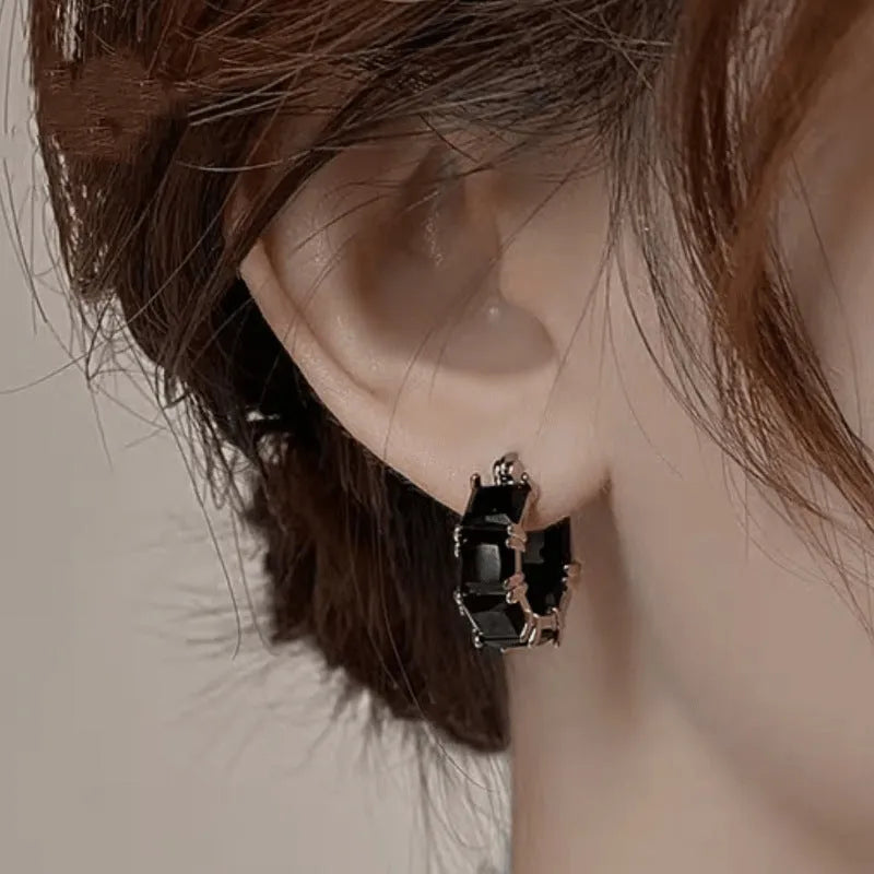 Women's geometric U-shape copper stud earrings with round crystal zircon stone