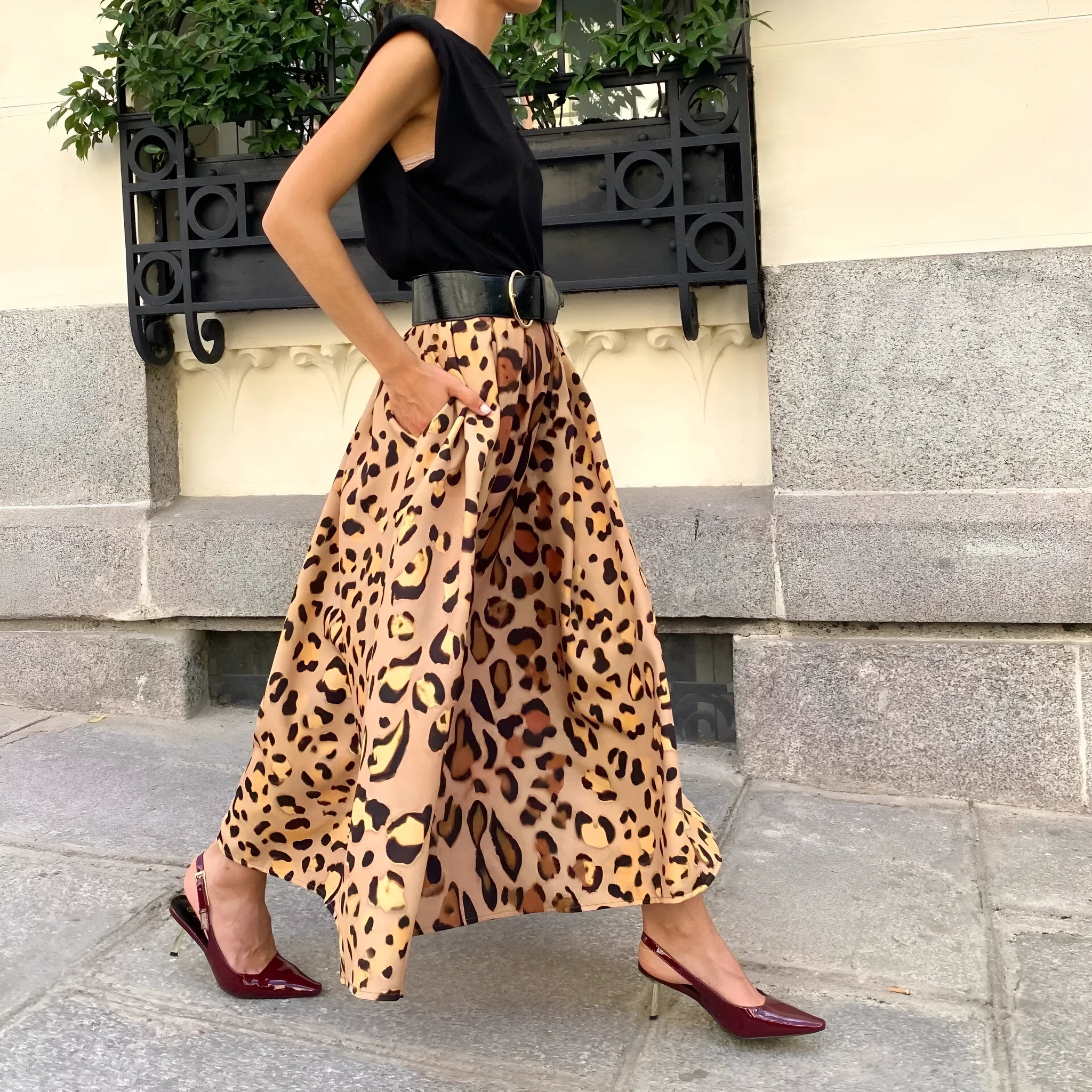 Brown leopard print women's A-line skirt with big hem design in long length